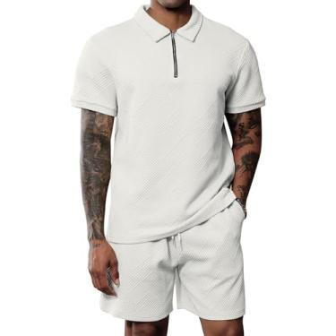 Imagem de Uni Clau Conjunto masculino de camisa polo e shorts, moda verão, casual, manga curta, conjunto de 2 peças, Branco, XXG