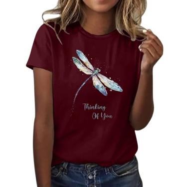 Imagem de Camisetas femininas de verão com estampa de libélula, caimento solto, manga curta, roupas casuais para sair, Z1-Vinho, XXG