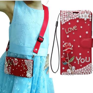 Imagem de HFICY Capa feminina de couro tipo carteira brilhante com protetor de tela de vidro, capa de telefone flip de couro brilhante com cordões transversais (vermelho te amo rosa, para Honor X7B)