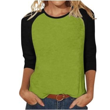 Imagem de Camiseta feminina Reglan manga 3/4 2024 Baisc verão outono casual patchwork blusas folgadas para sair túnica moderna, Verde, G