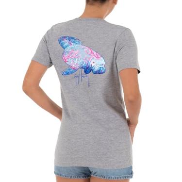 Imagem de Guy Harvey Camiseta feminina de manga curta com gola V, Cinza esportivo mesclado/peixe-boi coral, G