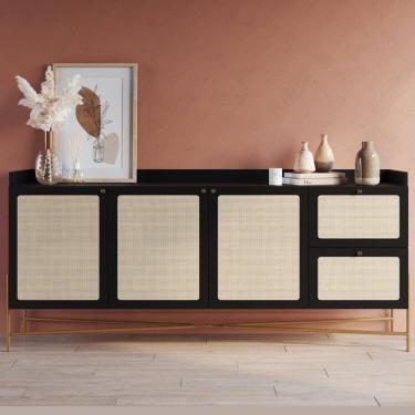 Imagem de Buffet Aparador 3 Portas 2 Gavetas Palhinha Pé Metal  Oslo Nero/Dourado