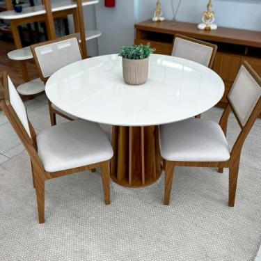 Imagem de Dalla Costa, Conjunto Mesa de Jantar Redonda 4 Cadeiras Enconto Tela 100% MDF Branco/Bege Dalla Costa