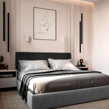 Imagem de Cabeceiras Estofada Modular Cama Casal Comum Box Painel 1,40mX45cm Módulos Adesivos (Preto)