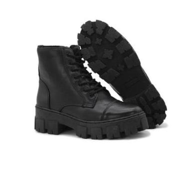 Imagem de Bota Coturno Feminino Tratorado Couro Cadarço Zíper Casual-Feminino