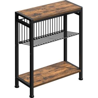 Imagem de Mesa lateral pequena para espaços pequenos, mesa de canto estreita de 3 camadas com suporte de revista, mesa de cabeceira fina, mesa de sofá de lanche skinny na sala de estar, escritório de quarto e