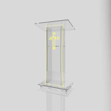 Imagem de Púlpito em Acrílico para Igreja e/ou Eventos com Gravação e Led grátis Mod. Rute Transparente (Tradicional, Moderna ou Sem Gravação) Cores em Led. (Grav. "Jesus" Moderno, LED AMARELO)