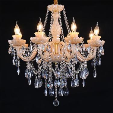 Imagem de OUFULA Luminária pendente de vela de cristal europeia, lustre de luxo para sala de estar, restaurante, quarto, vila, salão de beleza, café, bar (H B 8 lights)