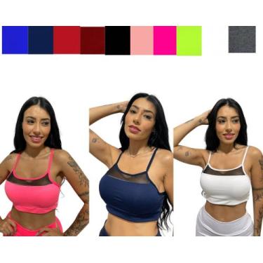 Imagem de Kit 3 top tule alça fina com bojo removível feminino TB moda fitness, 