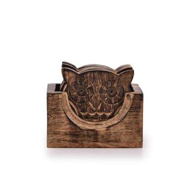 Imagem de Conjunto de 6 porta-copos de madeira Nirvana Class com suporte para porta-copos para barra de bebida e caneca de café, Owl, Coaster Size- 3.5 Inch, 1