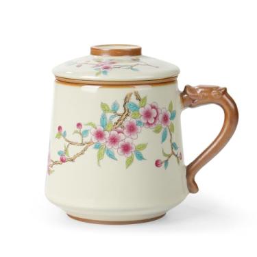 Imagem de fanquare Xícaras de chá de porcelana bege Ruyao com infusor e tampa, caneca de chá de infusão chinesa com coador para adultos, conjunto de xícaras de chá de flor de ameixa para um para escritório em