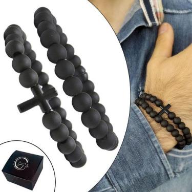 Imagem de Kit C/02 Pulseiras de Bolinha Masculina  Cruz Crucifixo Preto Fosco Al