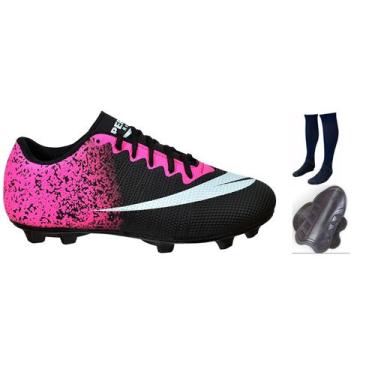 Imagem de Chuteira Campo Adulto Infantil com Meião Caneleira - Perflex, Preto pi