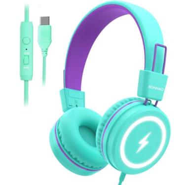 Imagem de Fones de ouvido infantis para escola, USB tipo C, com luzes de LED, fones de ouvido com fio para meninos e meninas com limitador de segurança 85dB/94dB, fones de ouvido dobráveis com microfones para