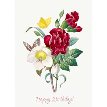 Imagem de PIXILUV Cartão de felicitações feliz aniversário ~ lindo buquê de flores vermelhas e brancas com borboletas ~ Cartão de felicitações vintage grande