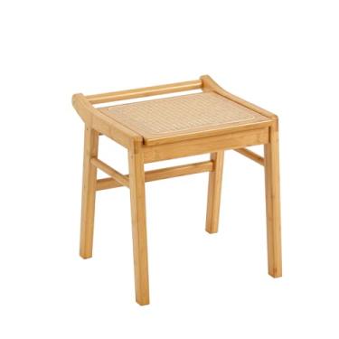 Imagem de Welnow Banqueta de vime, cadeira de maquiagem quadrada moderna com alça, banquinho pequeno de bambu para quarto, sala de estar, entrada, escritórios, madeira