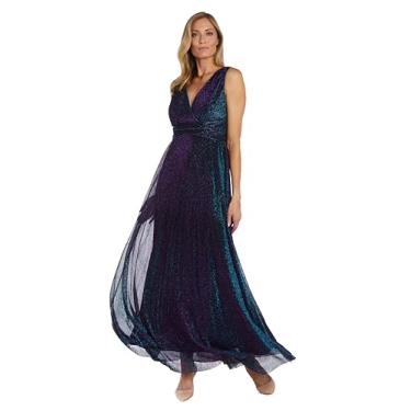 Imagem de R&M Richards Vestido longo de malha iridescente com cintura esculpida sem mangas com decote em V, Pavão/roxo, 40