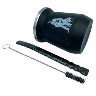 Imagem de Kit tereré cuia copo redondo 350ml alumínio parede dupla preto + bomba