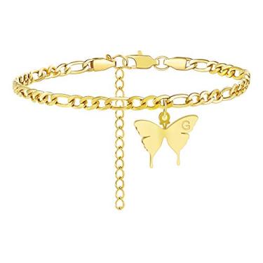Imagem de Bracelete de tornozelo com inicial de borboleta TONY & SANDY Banhado a ouro 18 quilates pingente de tornozeleira com letra de alfabeto gravado em aço inoxidável corrente de elos de fígaro personalizado ajustável joia para mulheres adolescentes menina