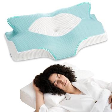 Imagem de Elviros Travesseiro de espuma de memória cervical, travesseiros de contorno para dor no pescoço e ombro, travesseiro ortopédico ergonômico para dormir no pescoço para quem dorme de lado, dormindo nas