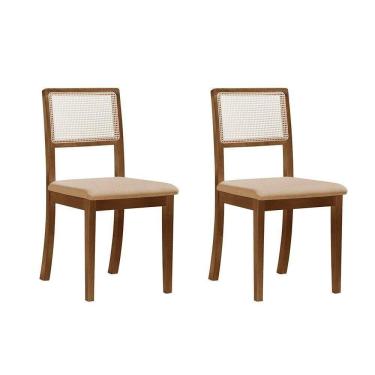Imagem de Kit 2 Cadeiras De Jantar Palha Estofada Linho Bege Encosto Tela Sextavada Rubi Madeira Maciça Imbuia