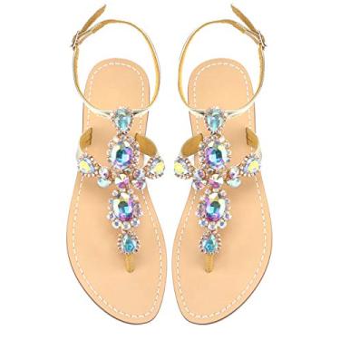 Imagem de ZhuLinFeng sandália feminina gladiadora strass Pingtan sandálias de casamento joia pérola brilhante noiva madrinha sandálias azul boêmio, Multicolored, 8.5