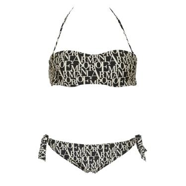 Imagem de Emporio Armani Top Bandeau feminino Logomania e calcinha de biquíni brasileiro com laço, Preto/logotipo amêndoa, G