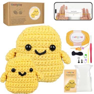 Imagem de WaldyWop Kit de crochê para iniciantes, 2 peças de nuggets de frango, kit de crochê para iniciantes e crianças com 40% fio macio extra fácil, tutoriais em vídeo passo a passo, conjunto de presente de