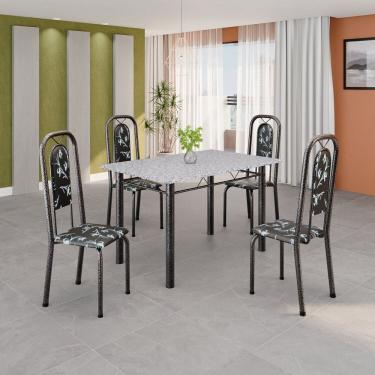 Imagem de Conjunto de Mesa Tubular 120cm X 75cm Tampo Granito Ocre com 4 Cadeiras Lara Preto Floral/ Mart Prata