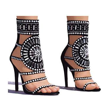 Imagem de azmodo Sandálias de salto agulha alto com tiras gladiador peep toe cor damasco, Preto, 8.5