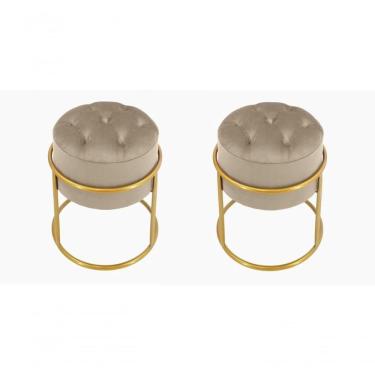 Imagem de Kit 2 Puff Banqueta Estofado Decorativo Base De Ferro Capitonê Suede Bege Do Lar Móveis E Decoração