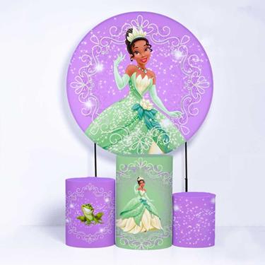 Imagem de Kit Painel de Festa Redondo de 1,50m e Trio de Cilindros Princesa Tiana - Fera Print