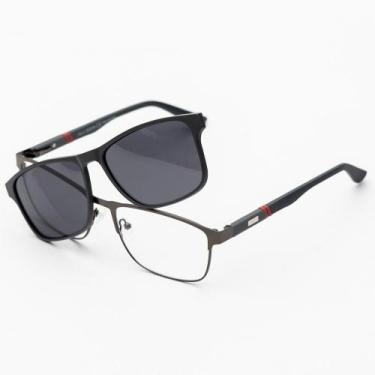 Imagem de Óculos Clipon Sol Armação Masculino Retangular Grau Metal 2 em 1 Tom -