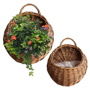 Imagem de Cesta para porta da frente, 2 peças de cesta de vime suspensa com alça, porta frontal de vime com forro de plástico, recipientes de plantas de montagem na parede para, varanda, jardim, salgueiro