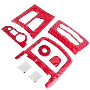 Imagem de 5 peças de suporte de copo de fibra de carbono controle central AC mudança de marcha interruptor de farol botão painel guarnição compatível com Dodge Charger 2015-2022 vermelho