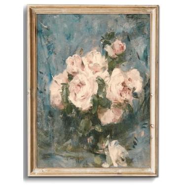 Imagem de uniro Arte de parede floral vintage, pintura botânica de flores retrô, decoração de parede de fazenda rústica natureza morta rosa impressões em tela pintura decoração francesa, imagens de arte vintage
