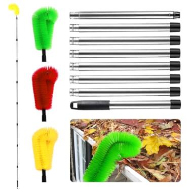 Imagem de Ferramentas de limpeza de calhas do solo, escova de limpeza de calha ajustável de 3 metros com haste de extensão, kit de limpeza de telhado resistente com 8 tubos de aço inoxidável e 3 escovas para