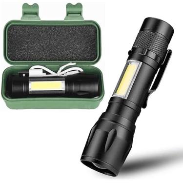 Imagem de Lanterna Tática LED Recarregável USB – 3 Modos + Zoom + Luz Lateral, com Estojo de Transporte– Compacta e Resistente (Mini)