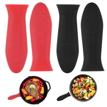 Imagem de Capa de cabo de ferro fundido, 4 peças, suportes de panela de silicone preto e vermelho, capas de ferro fundido, capa de ferro fundido, manga de alça de silicone resistente ao calor, suporte de alça