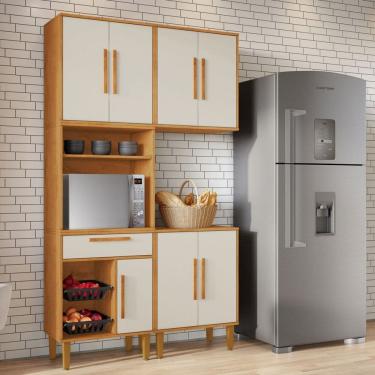 Imagem de Armário de Cozinha Lorena 7 Portas 1 Gaveta com Fruteira Natural/Off White - Kaiki Móveis