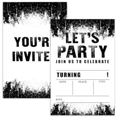 Imagem de Nopoben Let's Party! Cartões de convite de aniversário para meninos, convites de tinta preta e branca para adolescentes adultos, 20 cartões de convite de preenchimento dupla face com envelopes