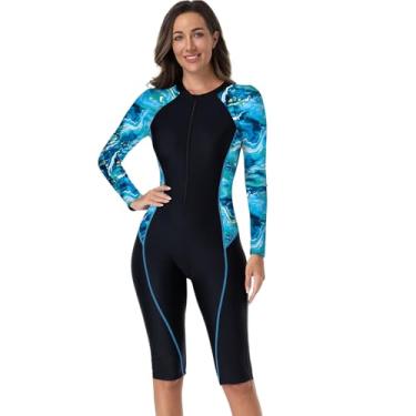 Imagem de ODIZLI Maiô feminino de manga comprida com zíper frontal para surfe, proteção UV, FPS 50+, controle de barriga, roupa de banho para mergulho, roupa de banho, azul marinho, preto, M