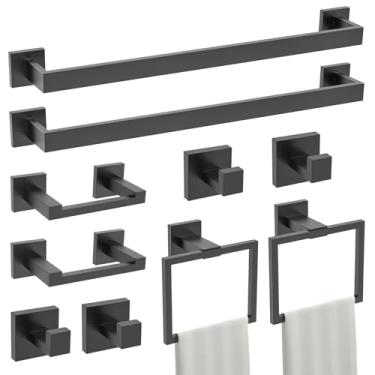 Imagem de TURS Conjunto de 10 peças de acessórios de ferragens de banheiro preto fosco conjunto de porta-toalhas de aço inoxidável SUS304 para banheiro montado na parede, 60 cm