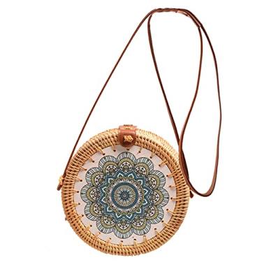 Imagem de SHAREYOIU Bolsas de ombro redondas de vime estampadas à mão estilo praia tropical natural chique com alça de couro, 19, Big，7.87x 3.2 inch