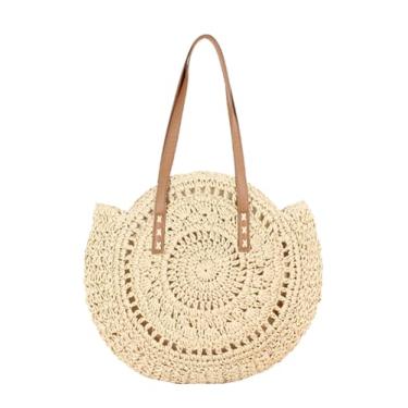 Imagem de SHAREYOIU Bolsa feminina redonda de palha, bolsa de ombro, bolsa de praia com alça superior, 2G bege