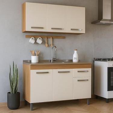 Imagem de Kit Cozinha 1,20m Balcão de Pia e Armário Aéreo 3 Portas com Divisória, Gabinete sem tampo (Freijó Off-White)