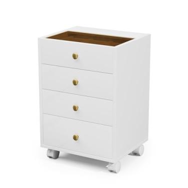 Imagem de JanlyHome Cômoda pequena com 4 gavetas sob a mesa, armário de arquivo de armazenamento de escritório doméstico com tampa de vidro, suporte de impressora móvel com rodas bloqueáveis para estudo de