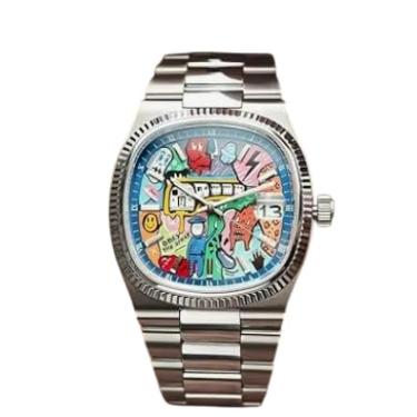 Imagem de Relógio de Pulso com Mostrador Artístico Colorido, Pulseira em Aço Inoxidável, Design Moderno