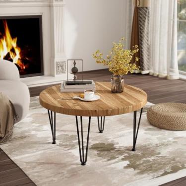 Imagem de Fun Memories Mesa de centro redonda - Mesa de assentamento de madeira de olmo com pernas de metal e base antiderrapante para pés - Mesas de canto rústicas para sala de estar e quarto - 69,8 cm P x