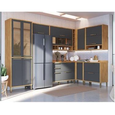Imagem de Cozinha Modulada de Canto 8 Peças 14 Portas e Vidro Reflecta 321cm 100% MDF Vicenza Espresso Móveis Amêndoa/Cinza